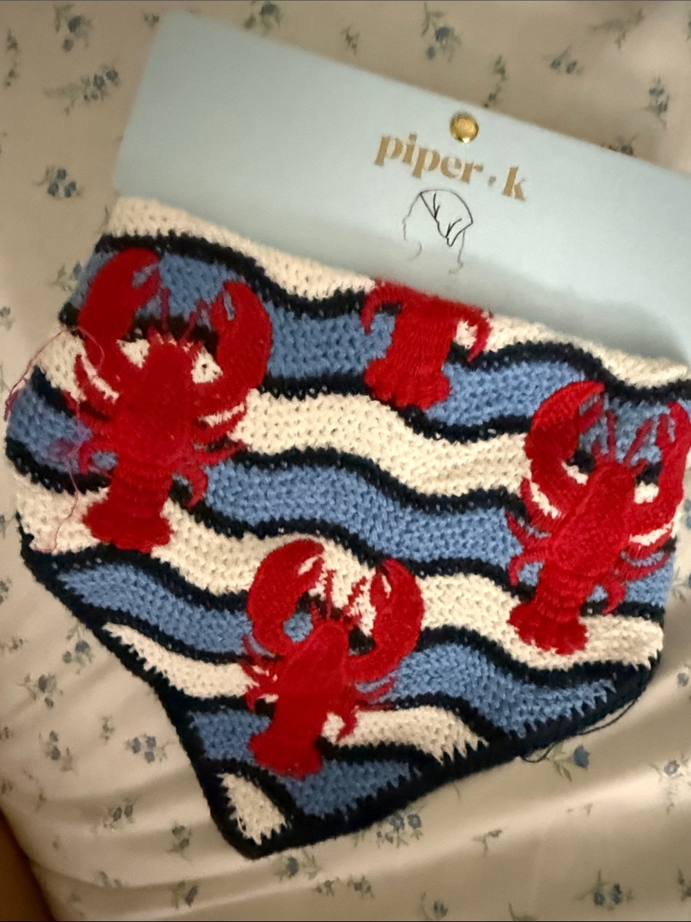 Piper K Blue & White Stripe Crocheted Bandana Bib with Red Lobster Motif